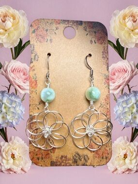 Green Moonstone Flower Earrings Wire Wrapped Handmade